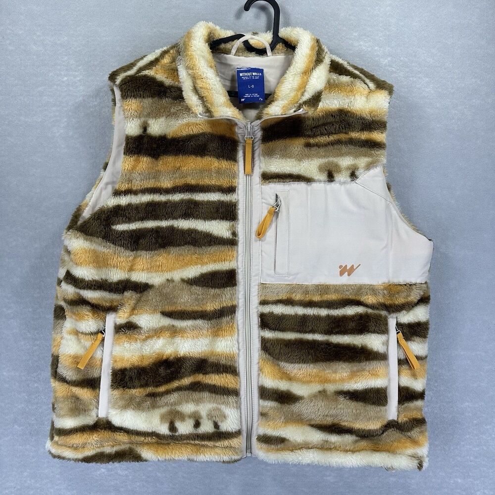 Without Walls Men's Large Hipster Striped Mushroom Sherpa Vest Urban‎ Outfitters